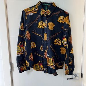 Lauren Ralph Lauren Women Long Sleeve Button Shirt Ornate Crest Regal Horn.